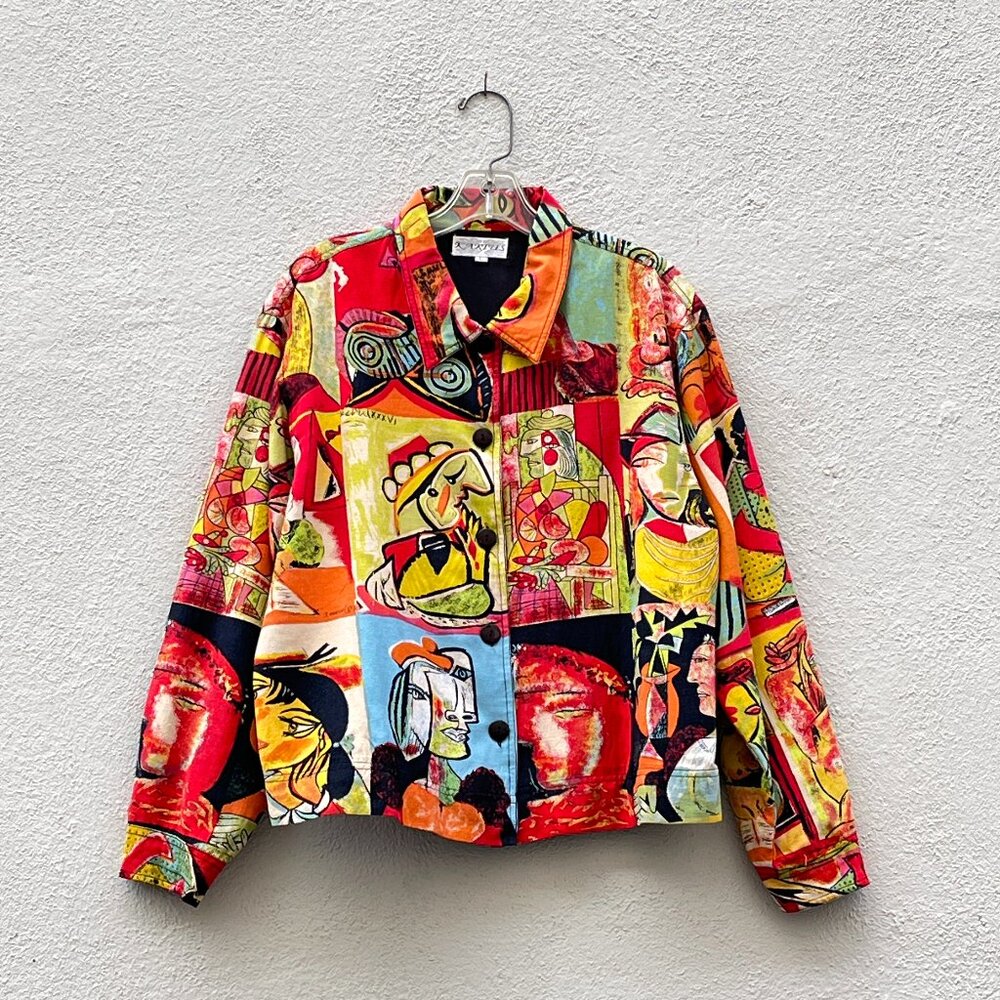 Vintage 80s Women's Kaktus Picasso Cubist Modern Art Shirt Jacket Size Large